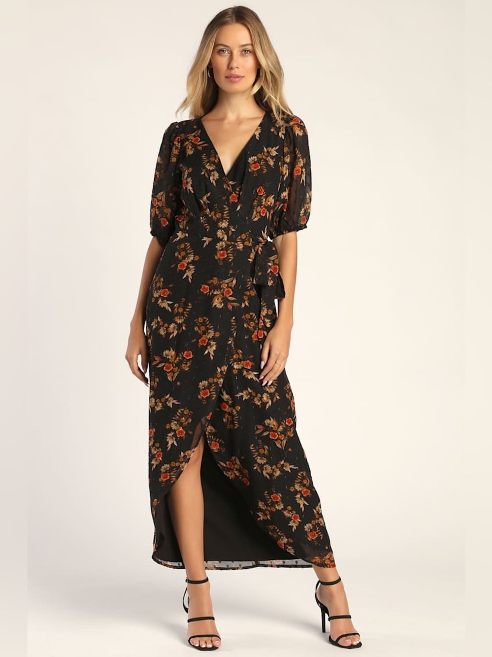 Lulus Seasonal Chic Black Floral Swiss Dot Wrap High-Low Dress